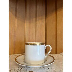 Vintage Fitz & Floyd Palais Demitasse Cup and Saucer Gold Stripe White Porcelain